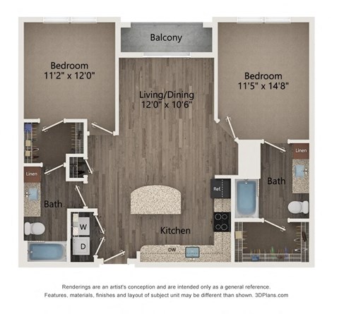 Floor plan for 2 beds, 2 baths, 1044 sqft